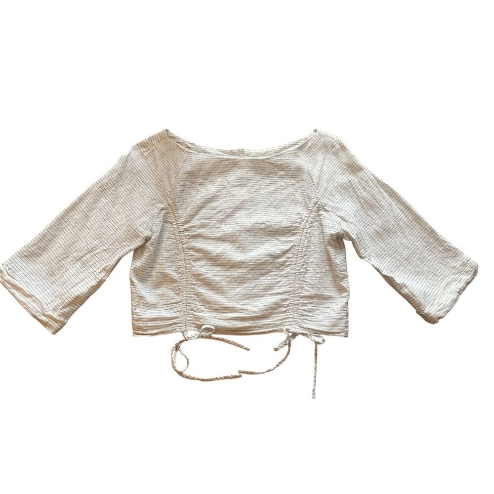 Zara Basic Medium 3/4 sleeve ruched drawstring striped top‎